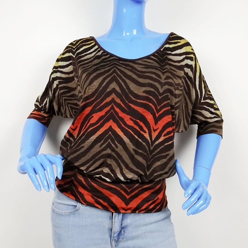 Crece Zebra Animal Print Cold Shoulder Slinky Top Blouse S 4 6 USA Made Deep Bac